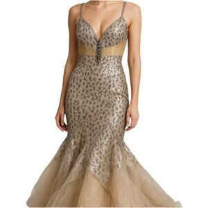Mac Duggal Sequin Mermaid Maxi Gown Pageant Tulle Beaded Formal Cream 24